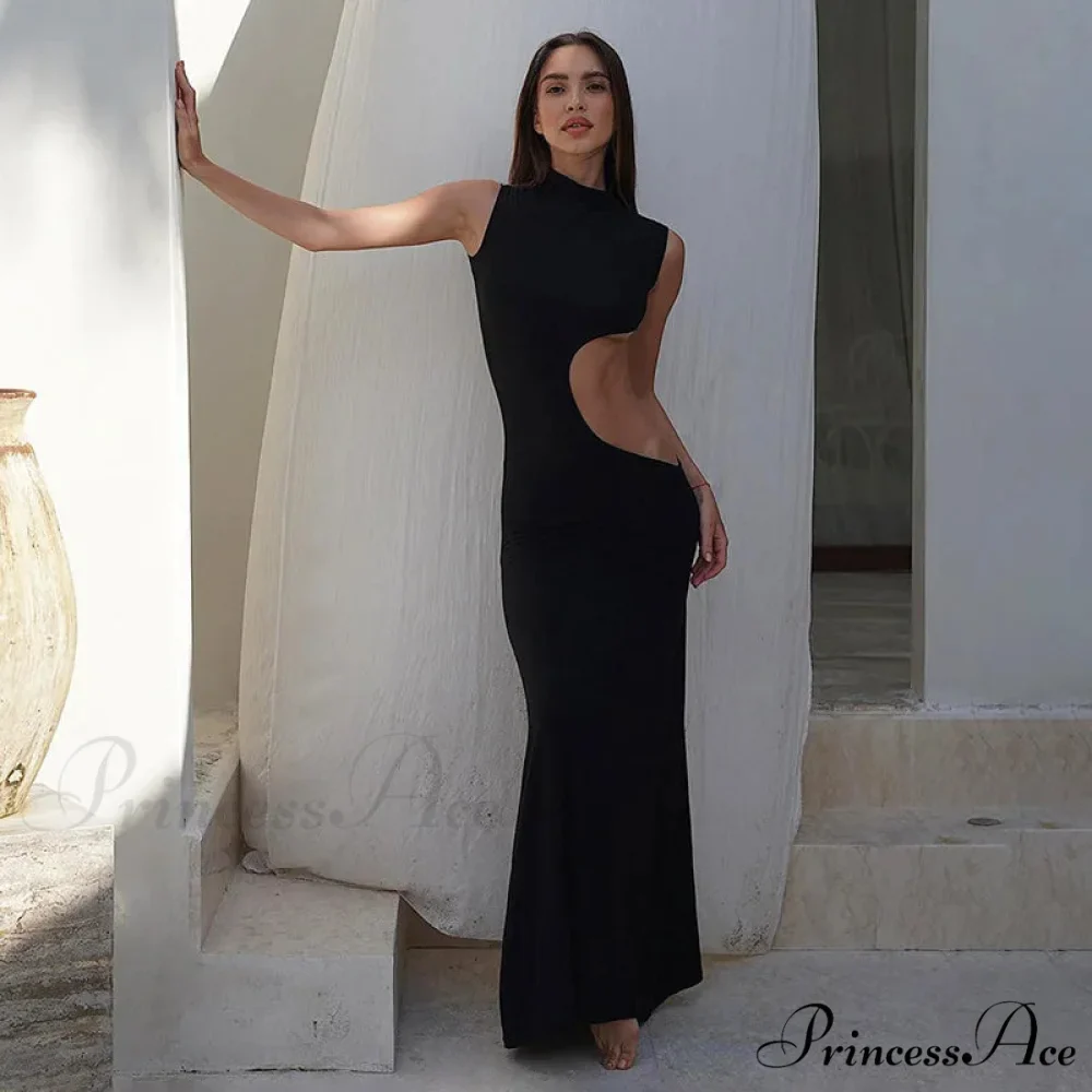 Black Hollow Out Long Women 2024 Sleeveless Bodycon Sexy Maxi Evening Slim Fashion Clubwear Cut Out Dress