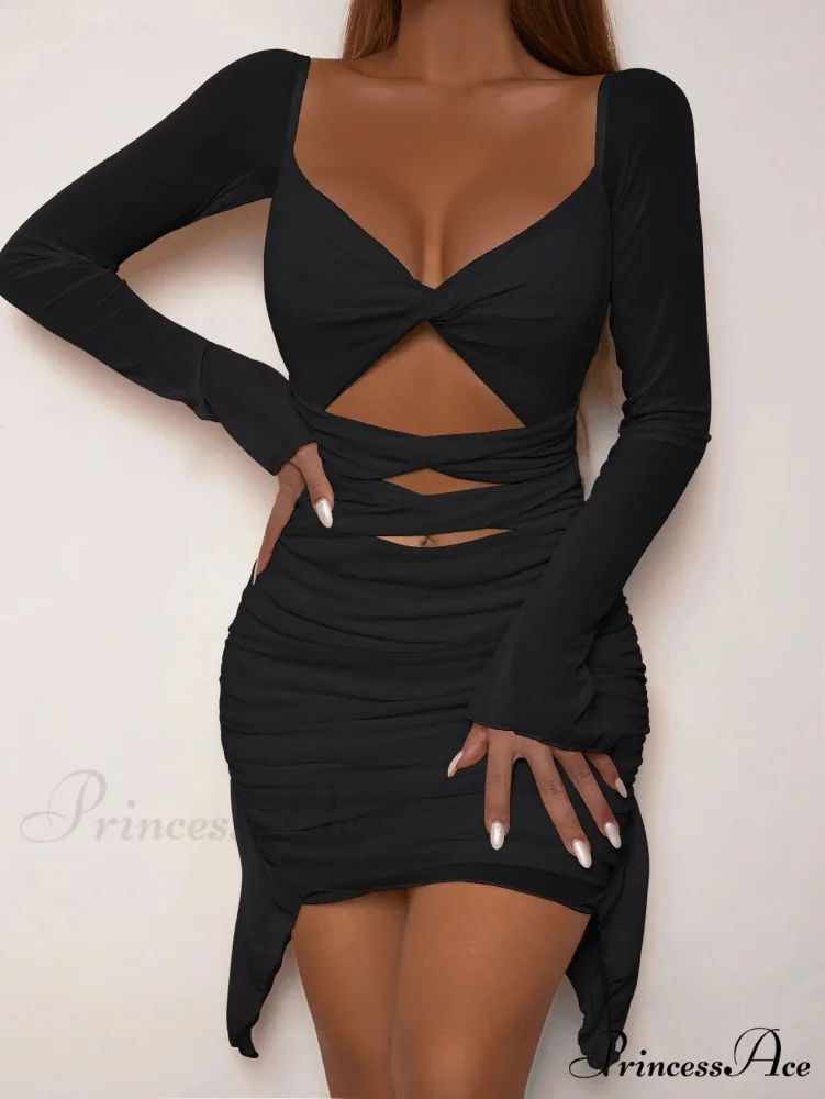 Hollow Pleated Open Shoulder Fashionable Mini Skirt Cut Out Dress