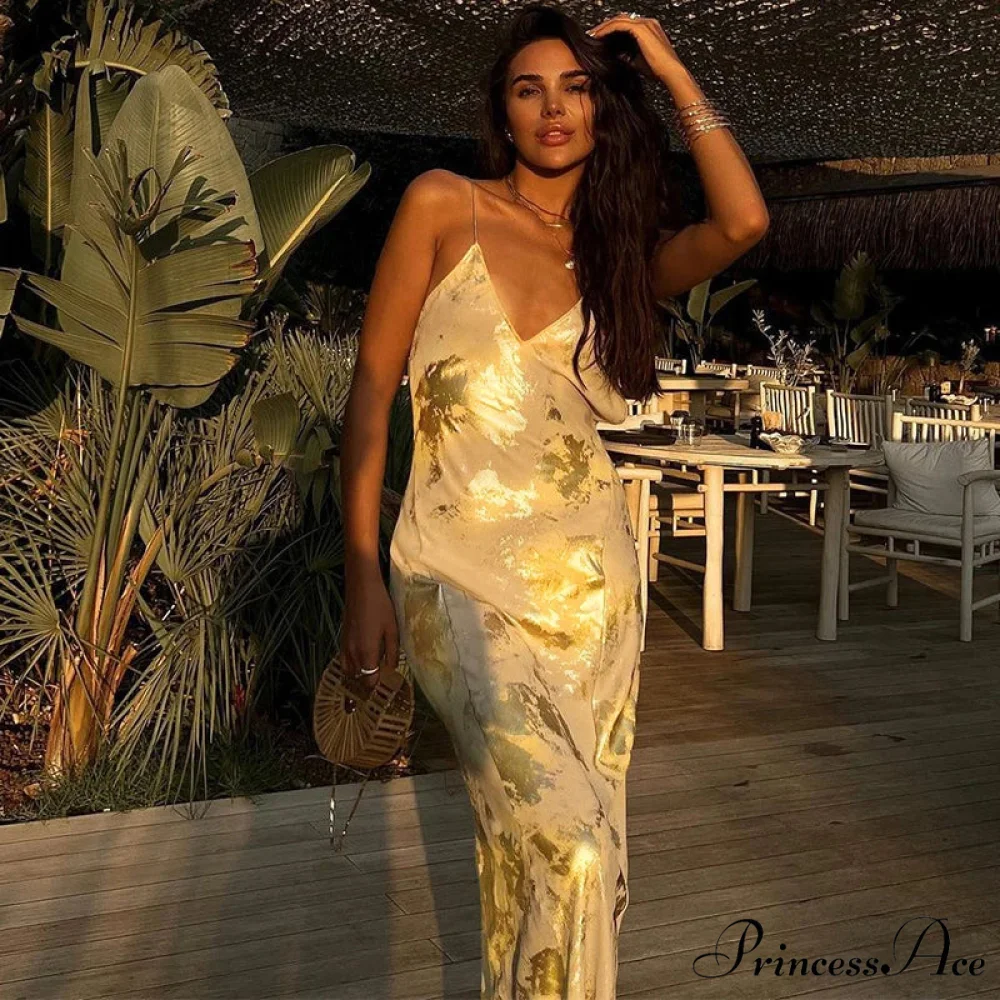 Dulzura Gold Strap V Neck Backless Long Metal Party Club OutFits Y2K Clothes 2024 Summer Floral Dress - Image 6