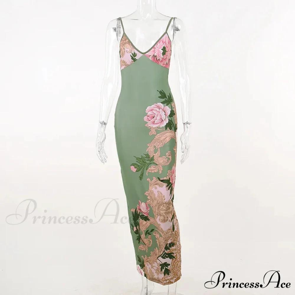 Floral Print Suspender V-neck Maxi 2024 Chic Female Beach Party Club Bodycon Dress - Image 3