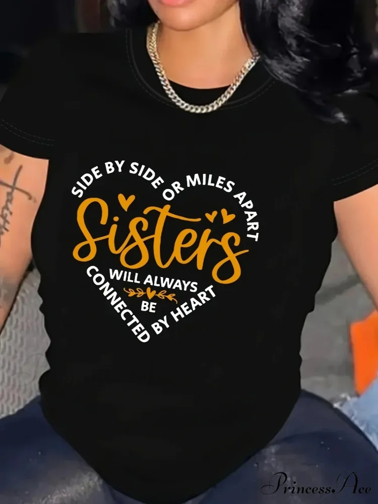 Vintage Crew Neck Short Sleeve Sisters Print Spring & Summer Women's Clothing T-shirt