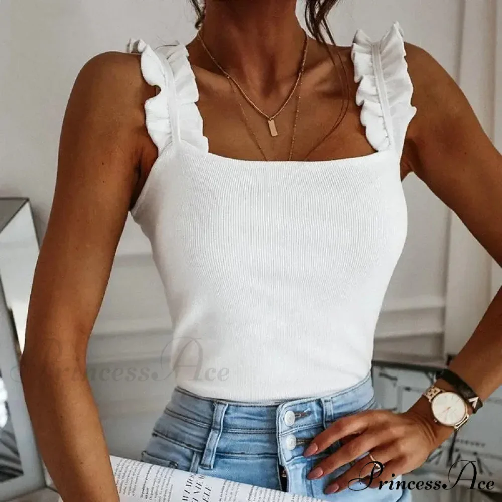 Women Collar Solid Knit Casual Basic Summer Ribbed Slim Ruffless Tank top - Image 9