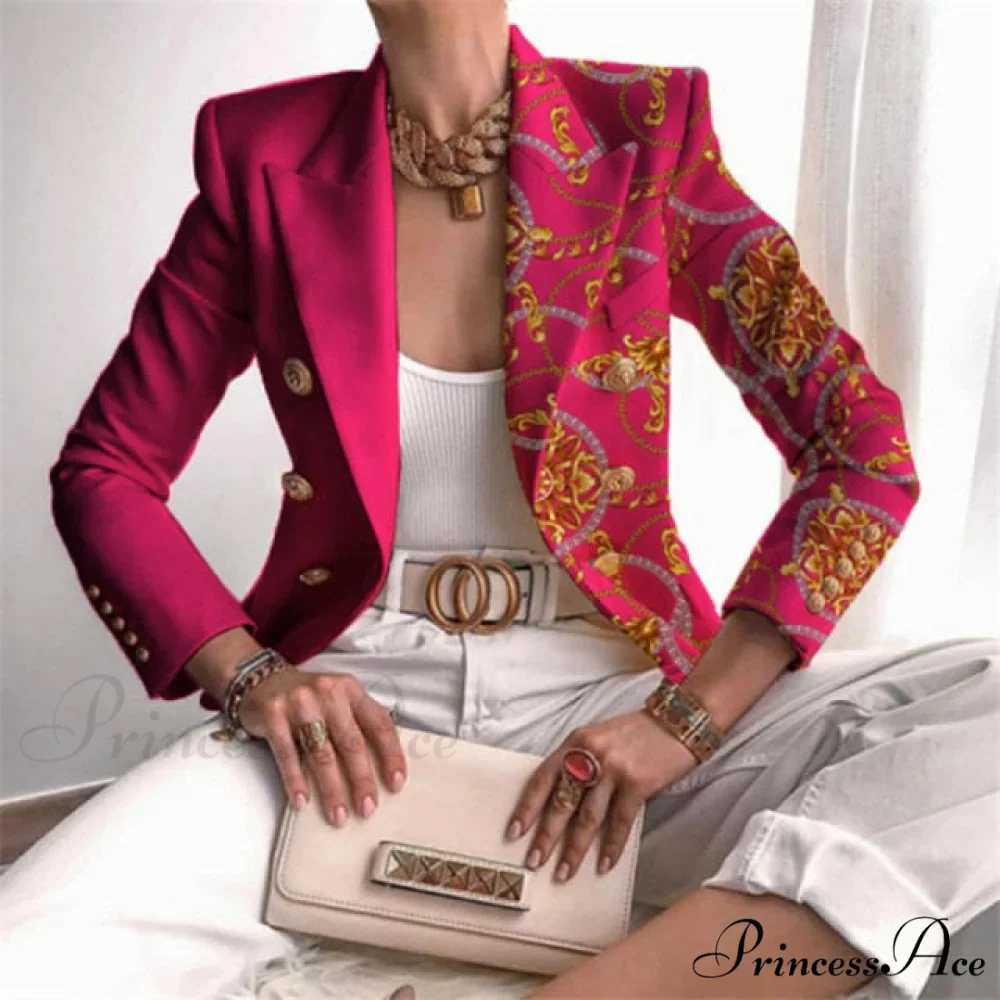 Plaid Leopard Chain Print Stitched Blazer - Image 5