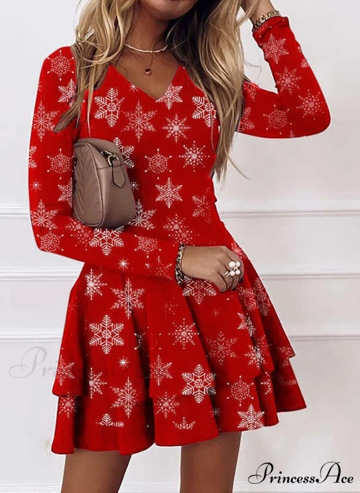 Christmas Women Long Sleeve V-neck Snowflake Print Party Dress