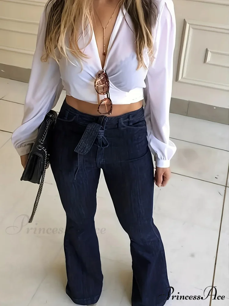 Women Fashion Blue Denim High-Stretch Bell Bottom Legs Denim Pants Women Solid Color High Waist Flare Jeans - Image 3