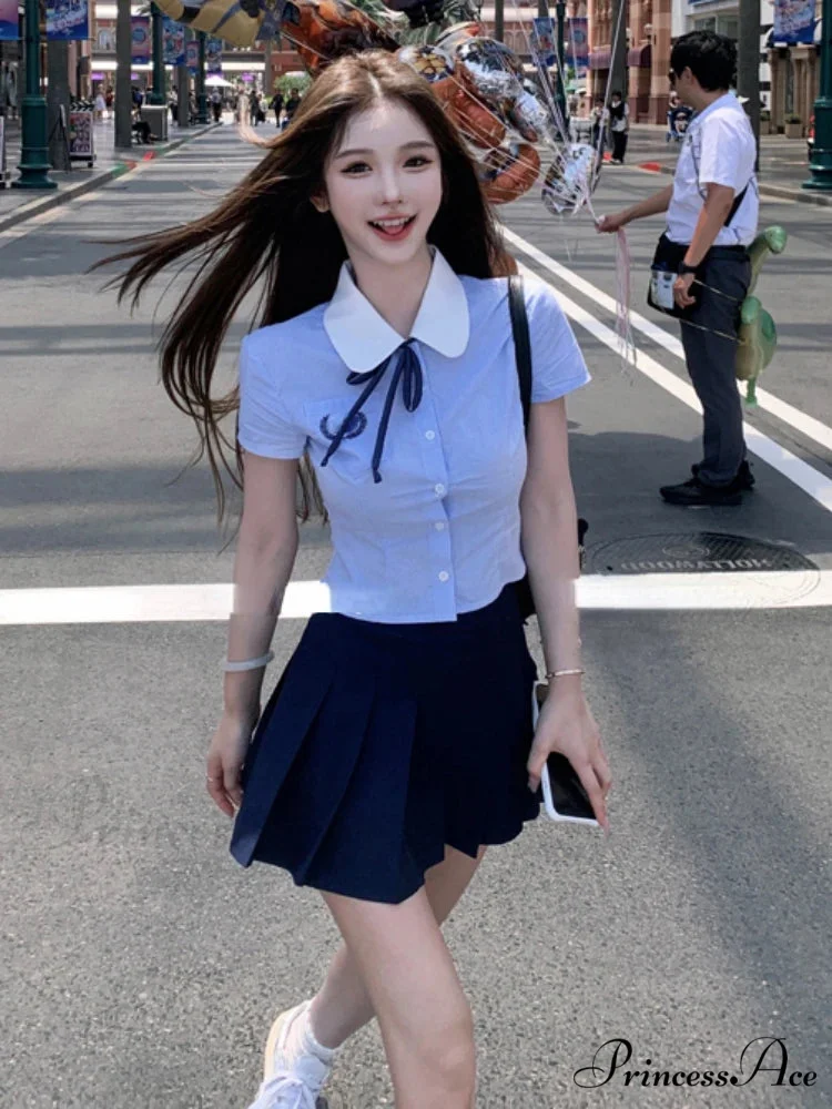 Preppy Style Short Sleeve Pleated Skirt Japanese Kawaii Summer Suit
