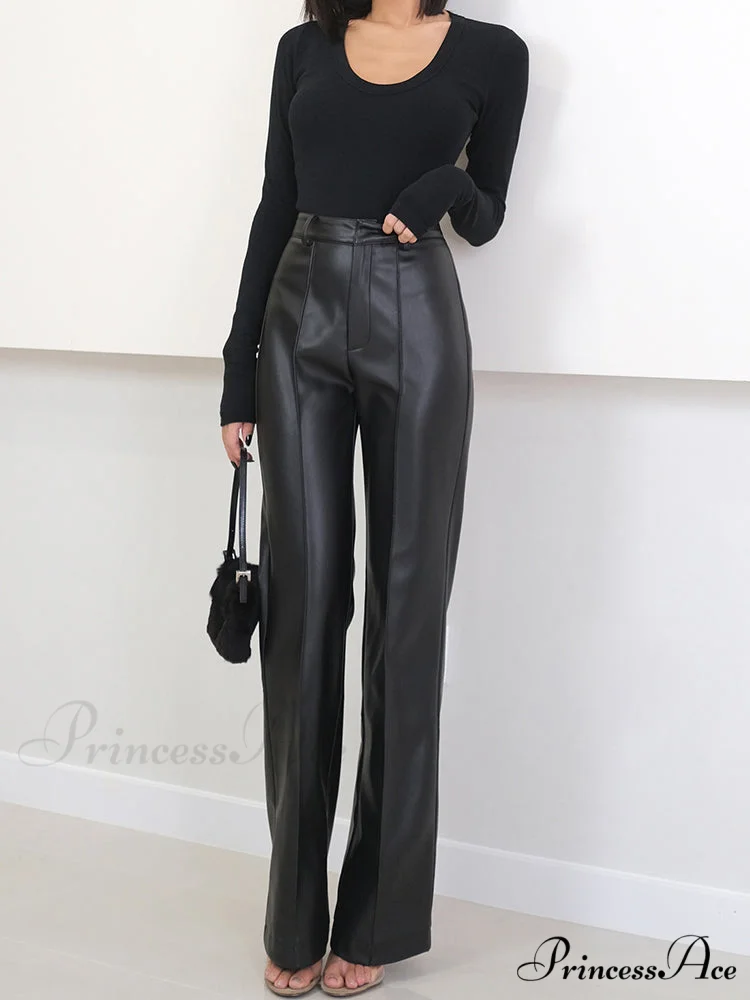 Long Black Soft Pu Leather Pants