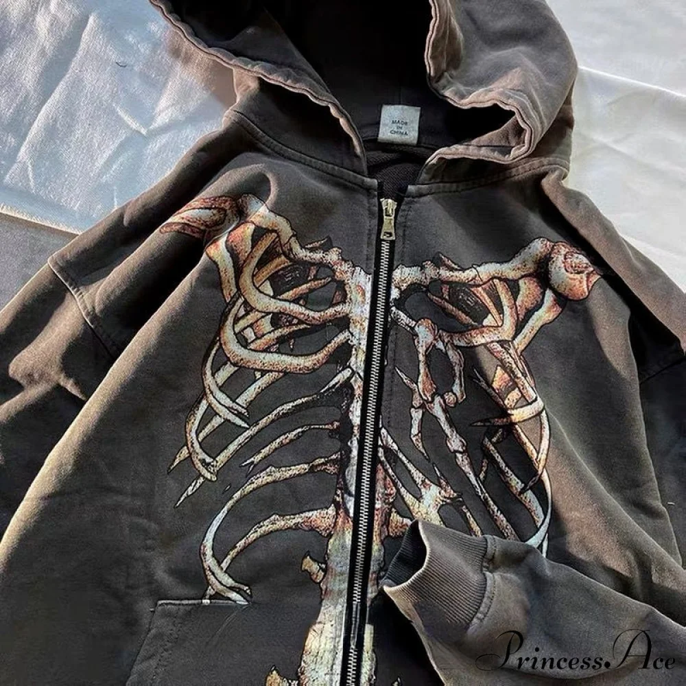 Gothic Punk Skeleton Print Hoody Jacket - Image 3