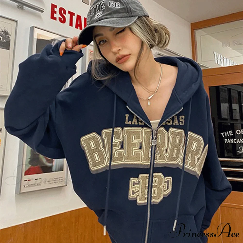 Retro Letter Print Baggy Hoody Jacket - Image 12