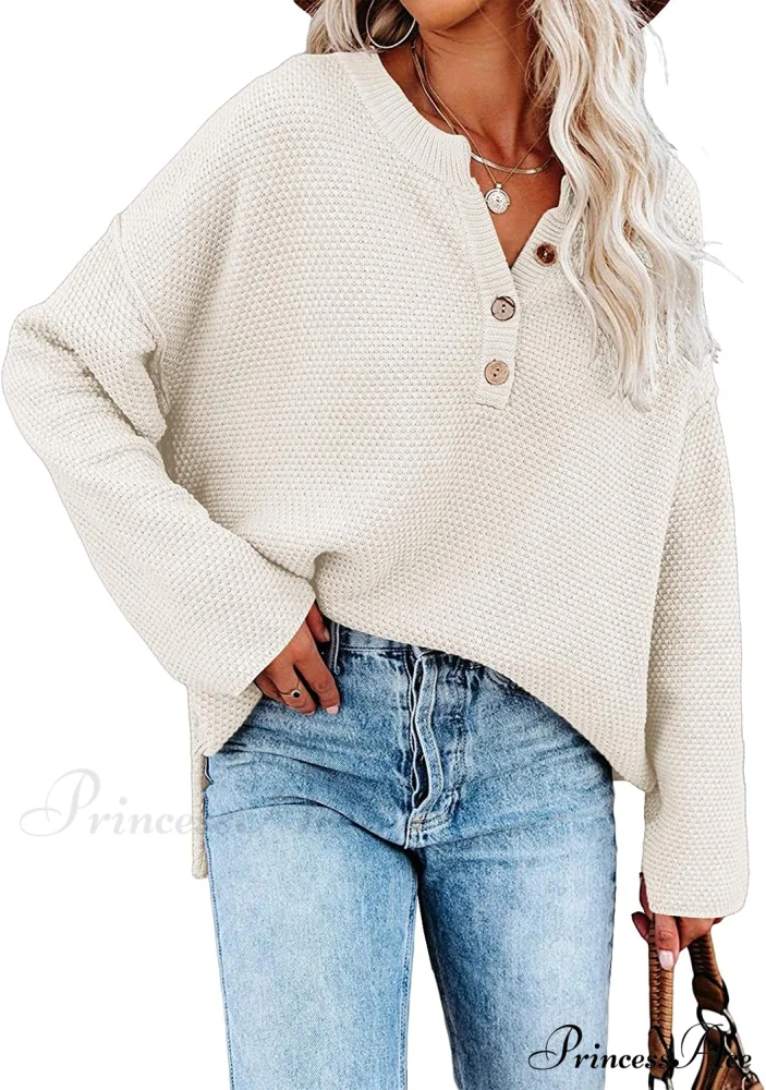 Women's Batwing Long Sleeve Loose V Neck Button Top
