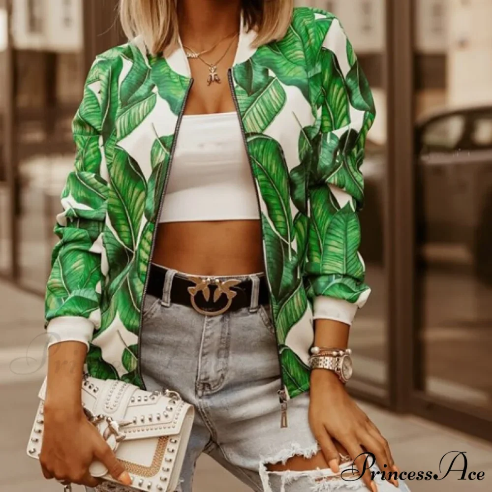 Floral Printed Elegant Zipper Bomber Coat - Image 11