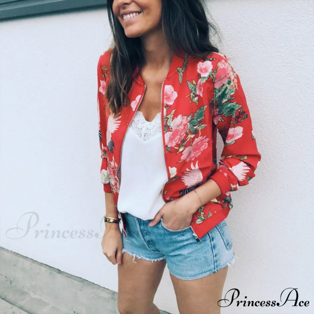 Floral Printed Elegant Zipper Bomber Coat - Image 12