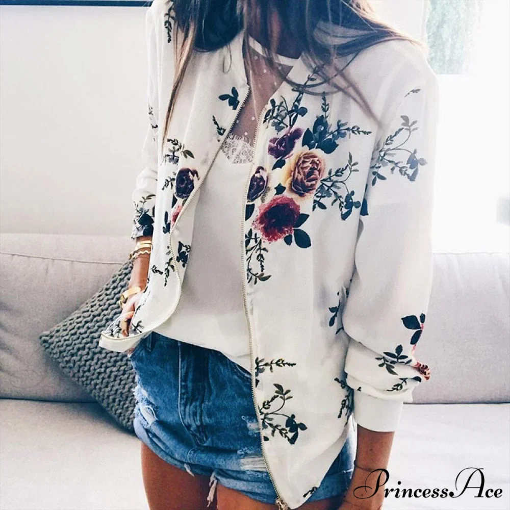 Floral Printed Elegant Zipper Bomber Coat - Image 13