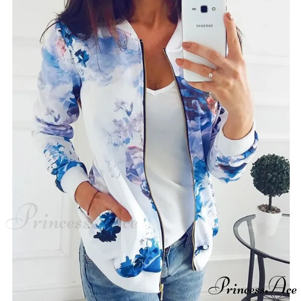 Floral Printed Elegant Zipper Bomber Coat - Image 8