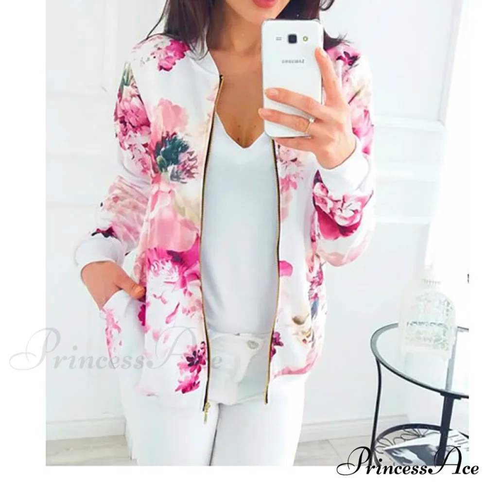 Floral Printed Elegant Zipper Bomber Coat - Image 9