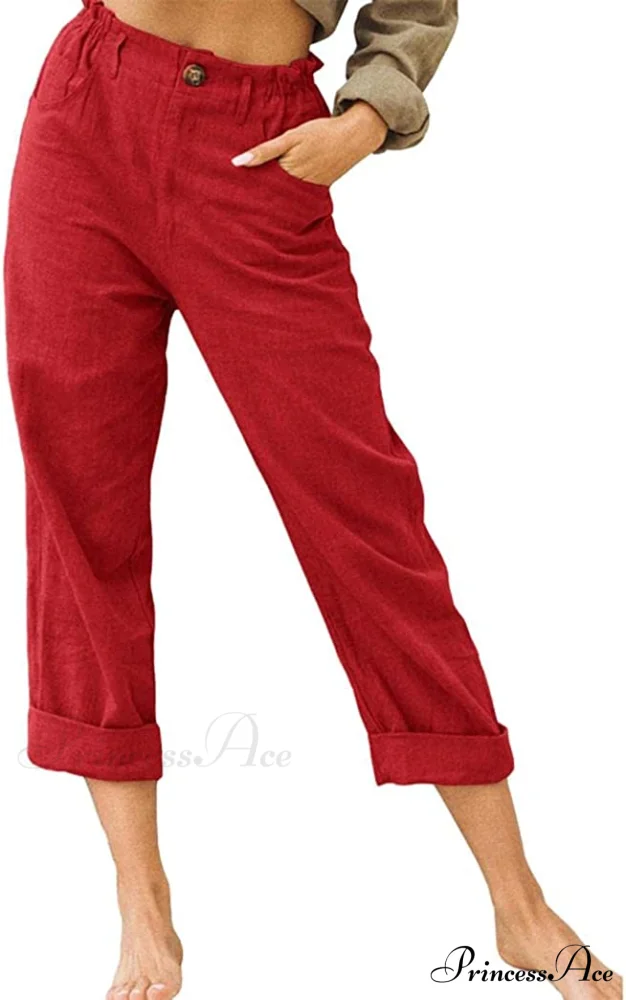 Linen Buttons Cropped Pants High Elastic Waist Stretch Capris