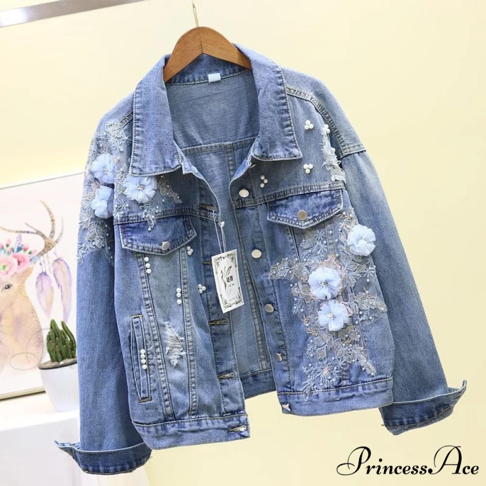 Flower Pearl Ripped Denim Jacket - Image 7