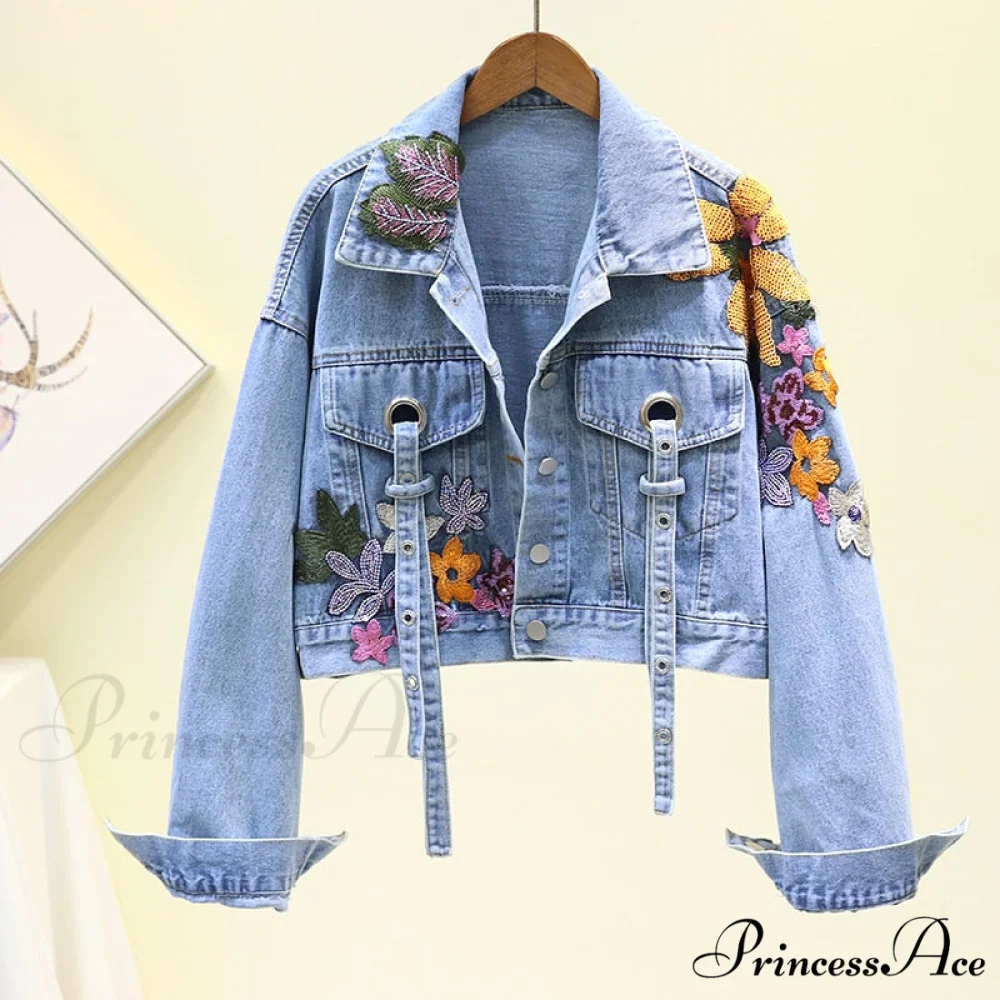 Floral Denim Embroidery Sequined Jacket