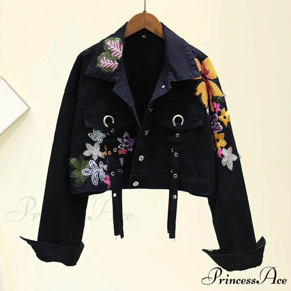 Floral Denim Embroidery Sequined Jacket - Image 2