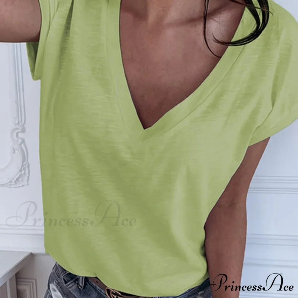 Casual Solid Color Short Sleeve V Neck T-shirt - Image 7