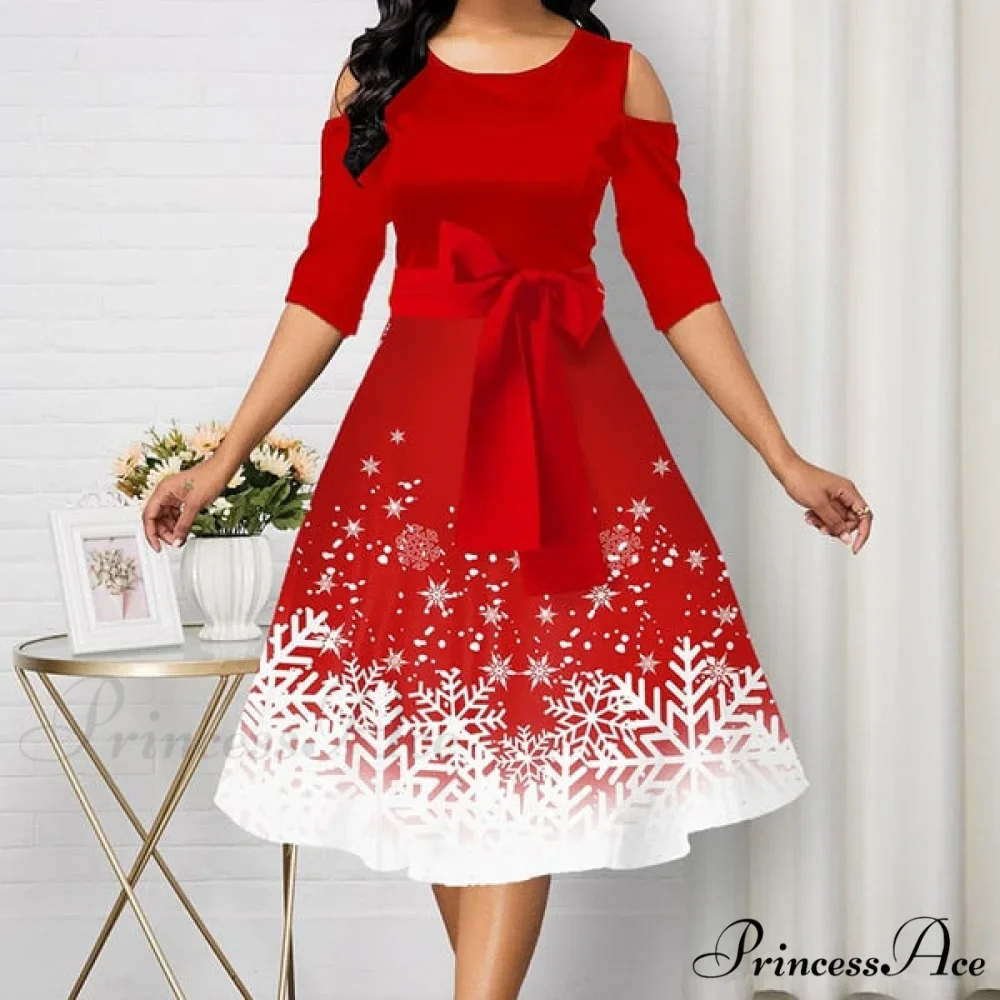 Snowflake Print Cold Shoulder Christmas Dress