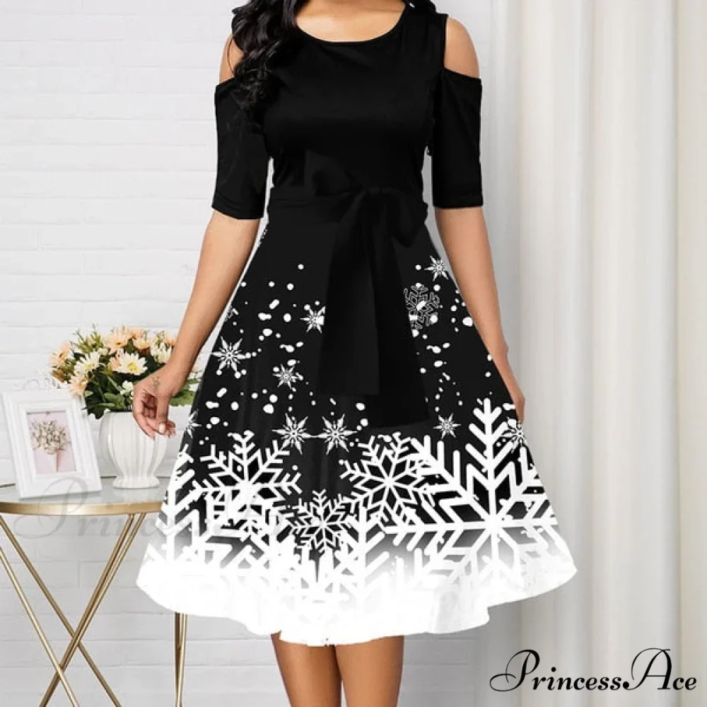 Snowflake Print Cold Shoulder Christmas Dress - Image 7