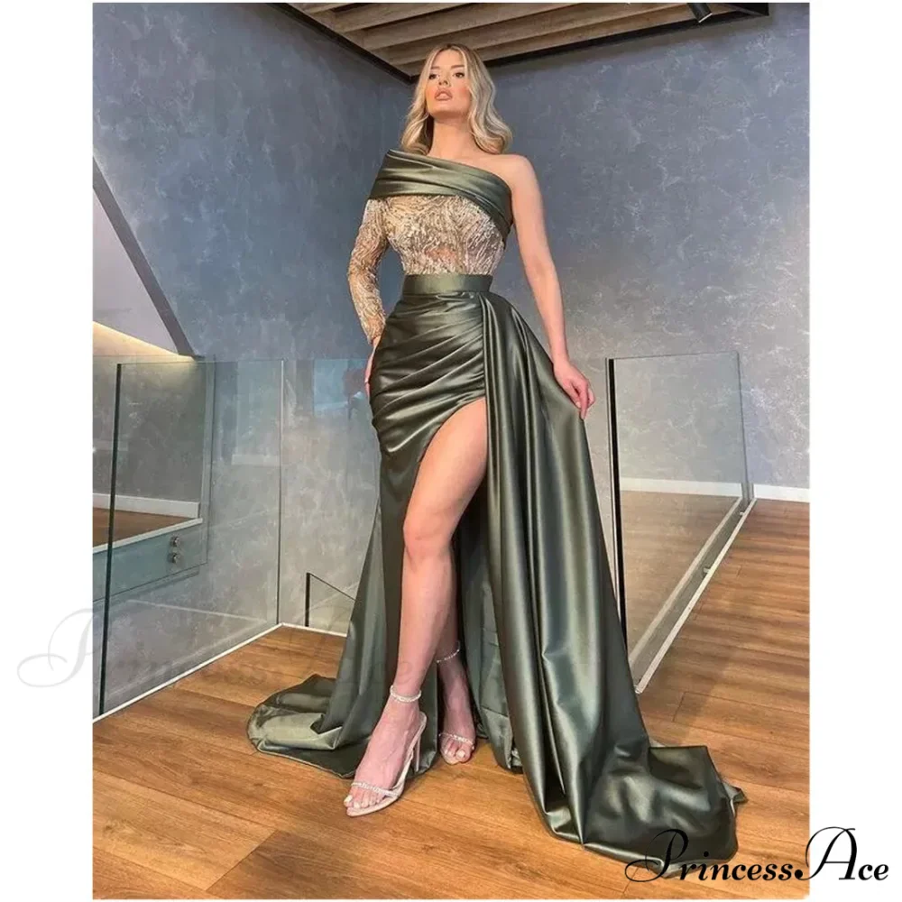 Unique Prom One Long Sleeve Mermaid Appliques Side Slit Evening Dress