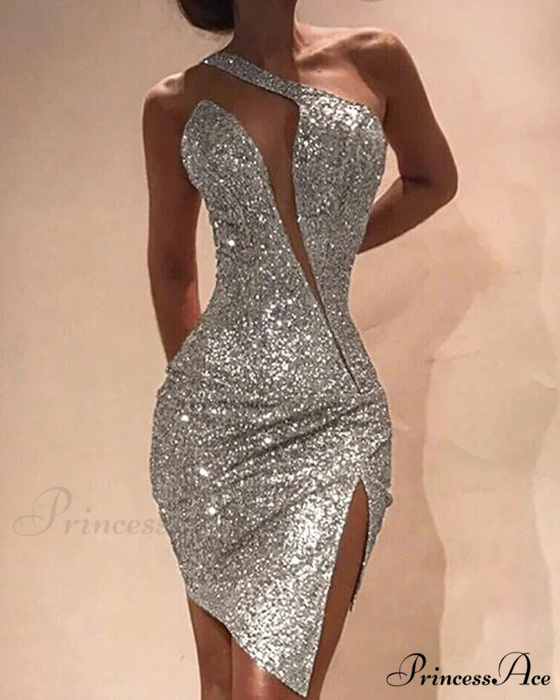 Deep V-Neck Sequined Backless Slit Mini Dress - Image 3