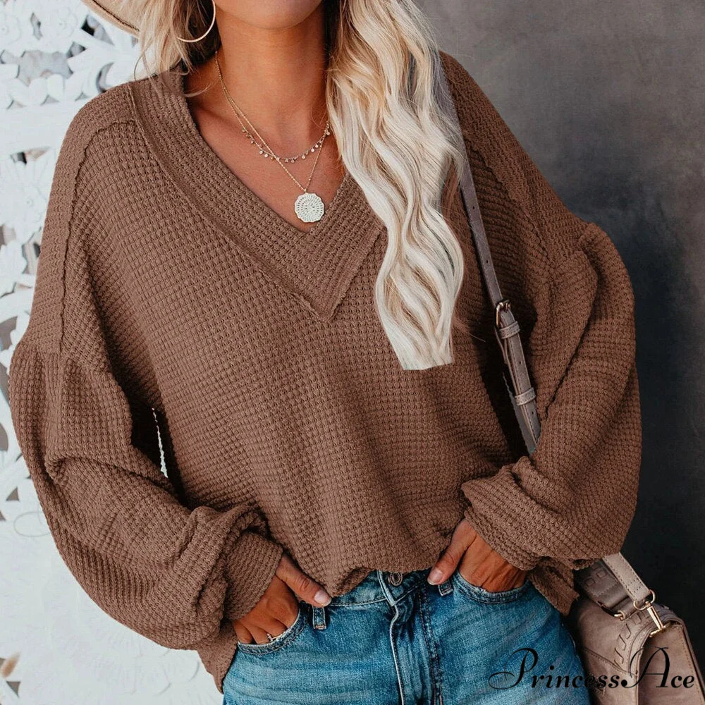 Autumn Knit V-Neck Long Lantern Sleeve Casual Sweater