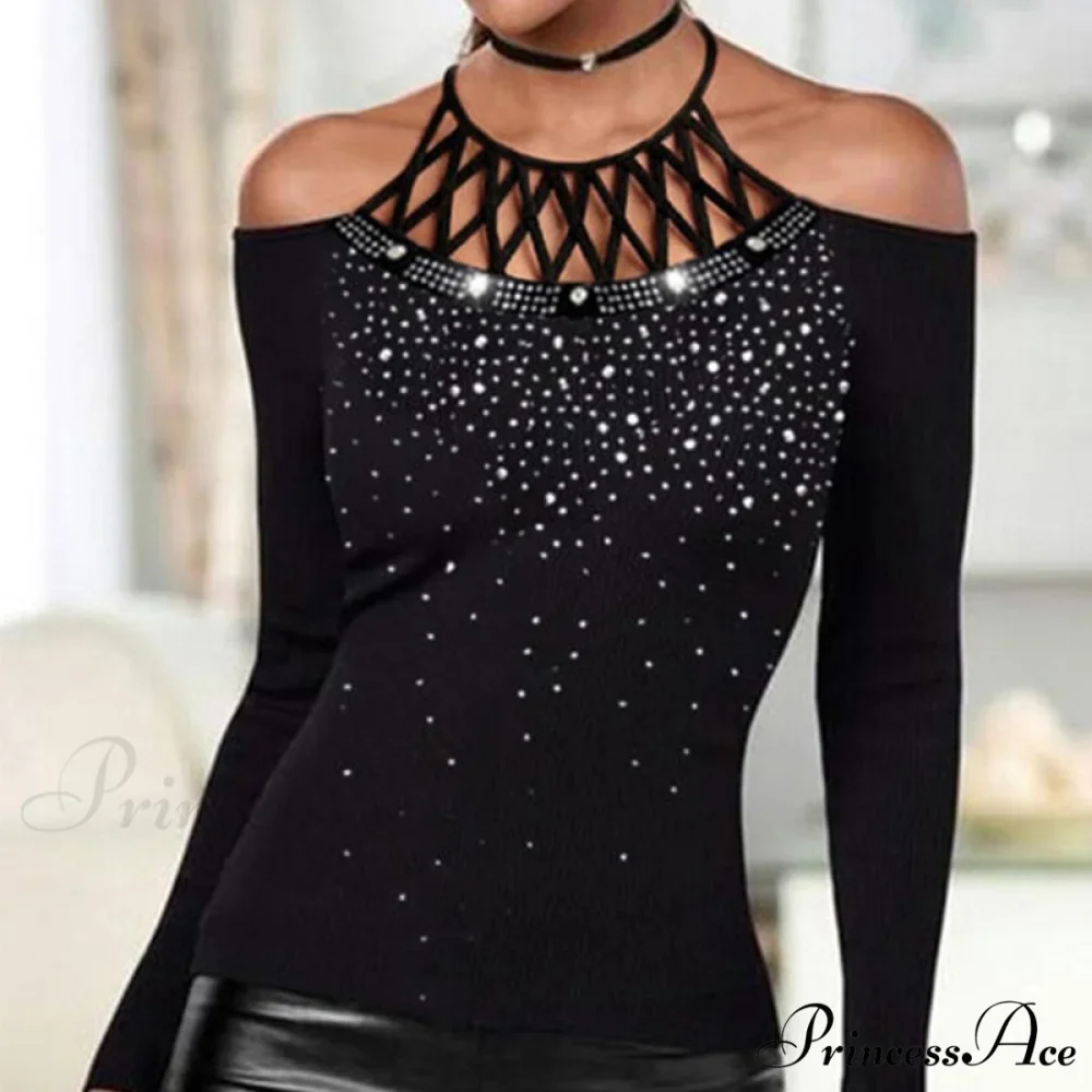 Plus Size Halter Sequins Off The Shoulder Long Sleeve T-shirt