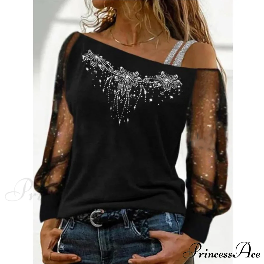 Long Sleeves Skew Collar Off Shoulder Patchwork Diamond Lace Blouse