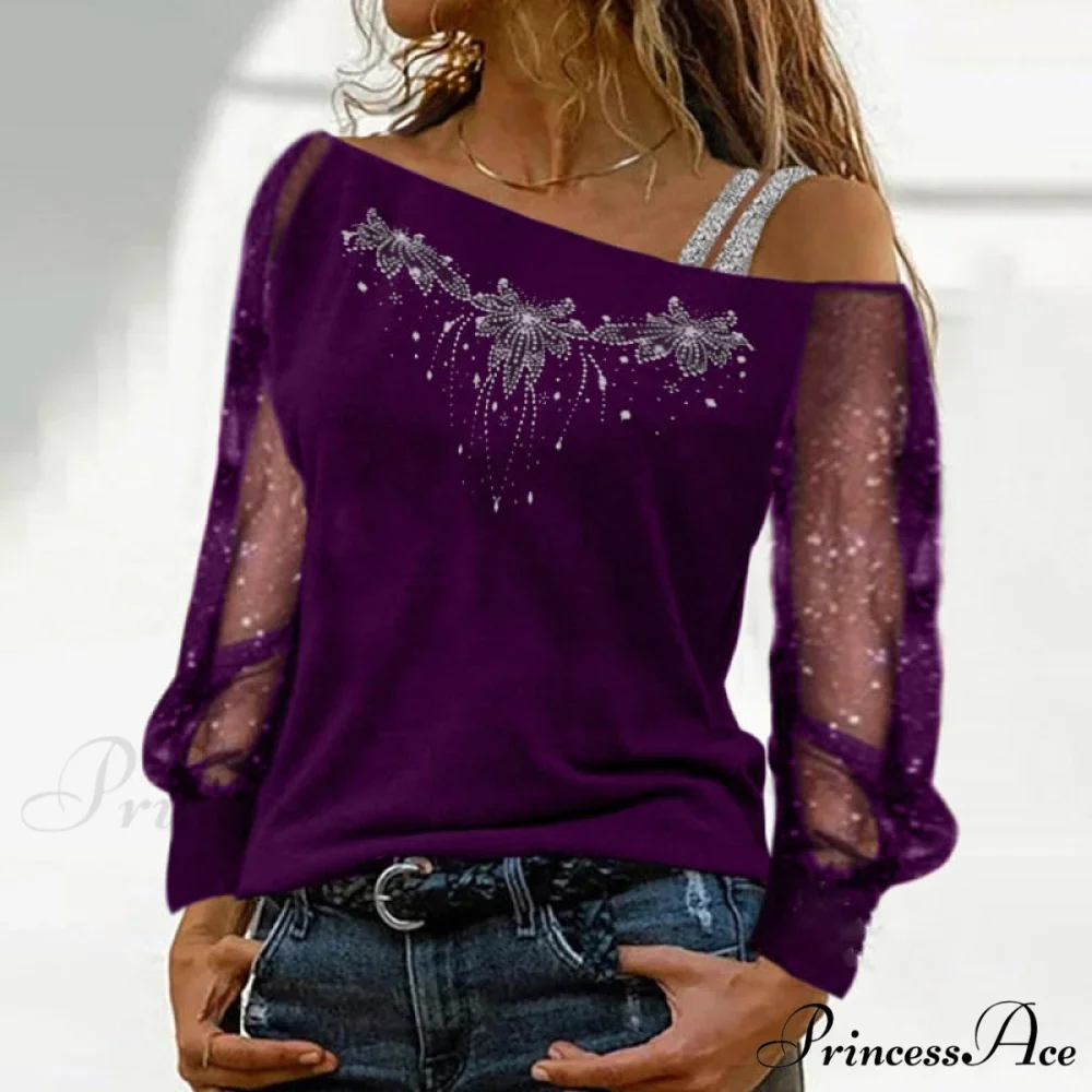 Long Sleeves Skew Collar Off Shoulder Patchwork Diamond Lace Blouse - Image 4