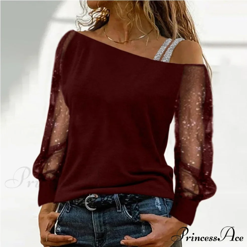 Long Sleeves Skew Collar Off Shoulder Patchwork Diamond Lace Blouse - Image 6