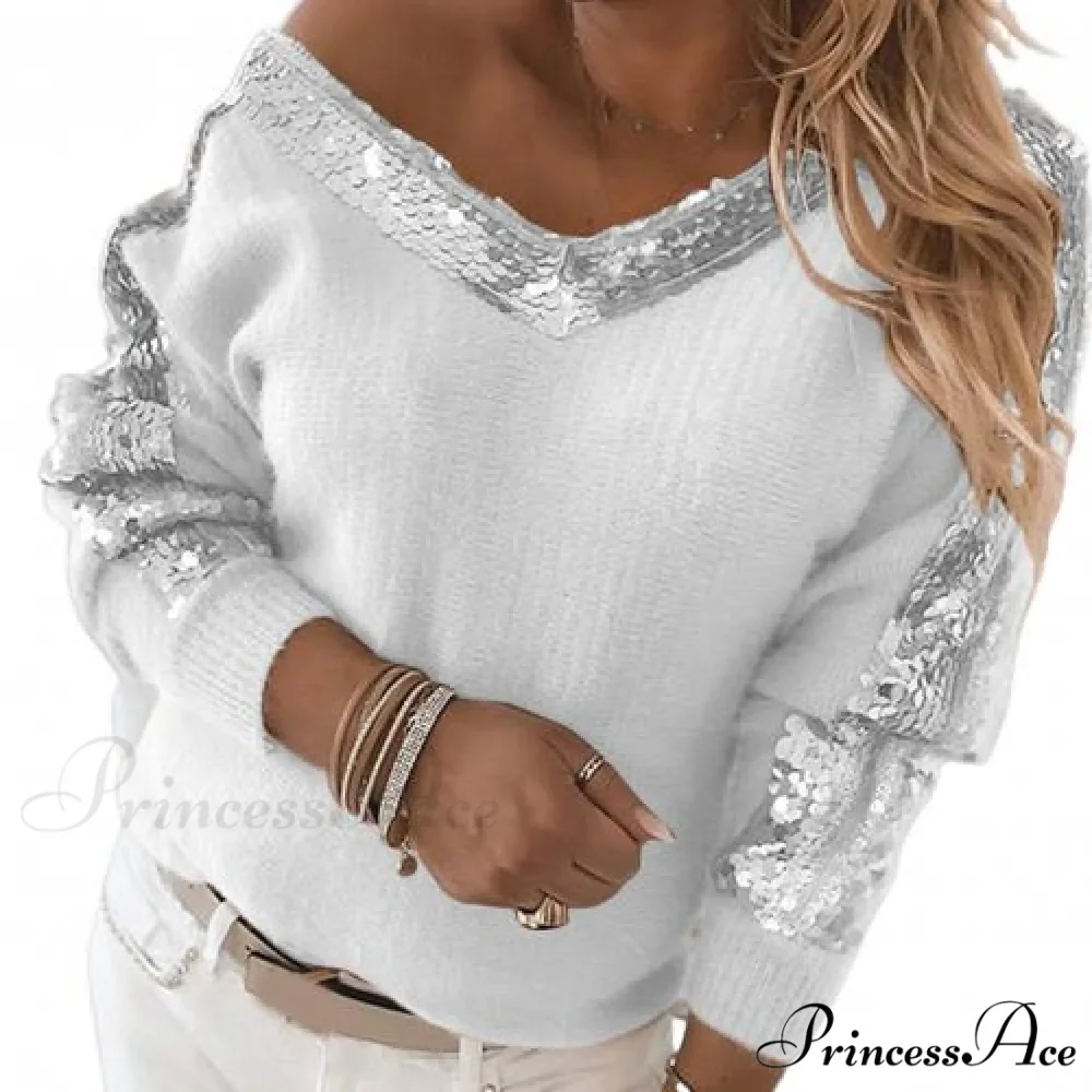 V Neck Long Sleeve Sequins One Shoulder Pullover - Image 8