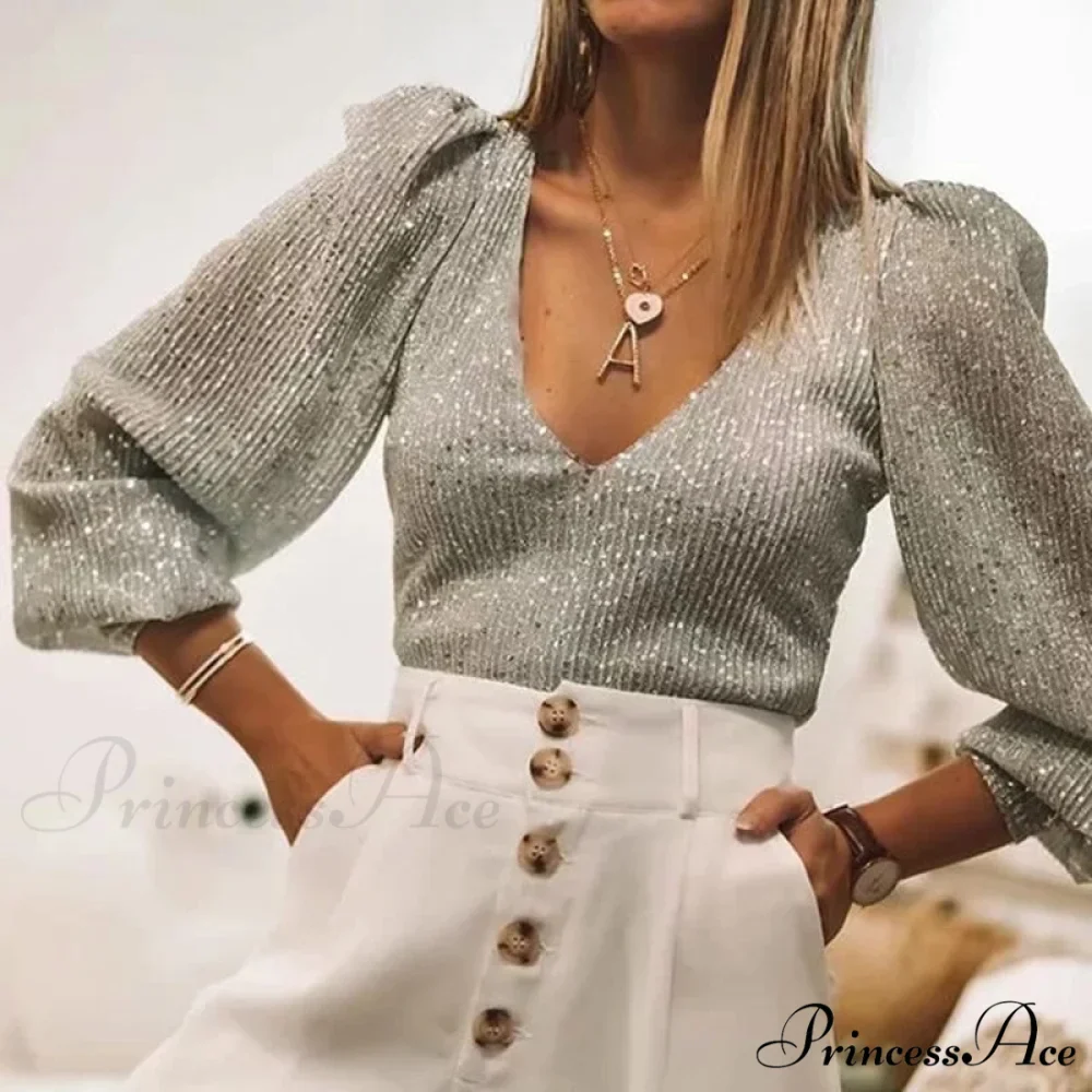 Sequined Vintage V-Neck Party Long Sleeve Tee