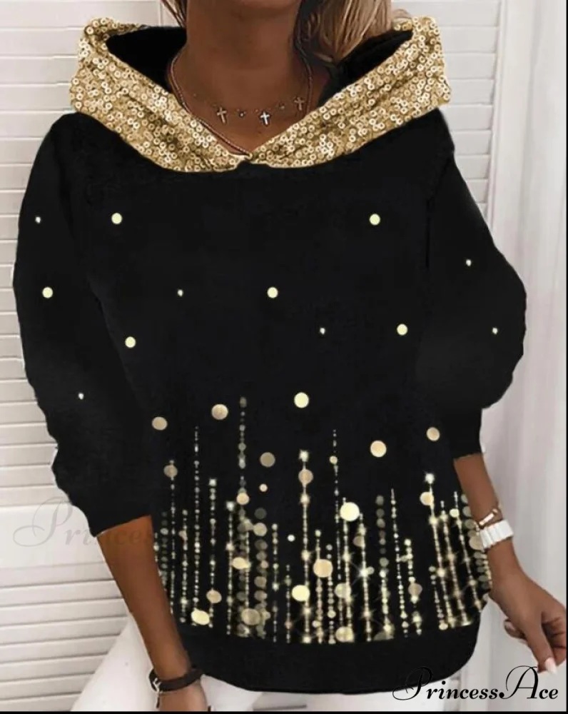 Casual Polka Dot Print Contrast Sequins Print Long Sleeve Hoodie