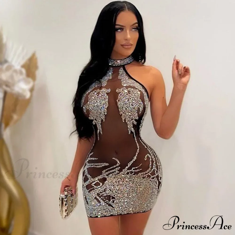 Sexy Mesh Rhinestone Short Prom Evening Mini Dress