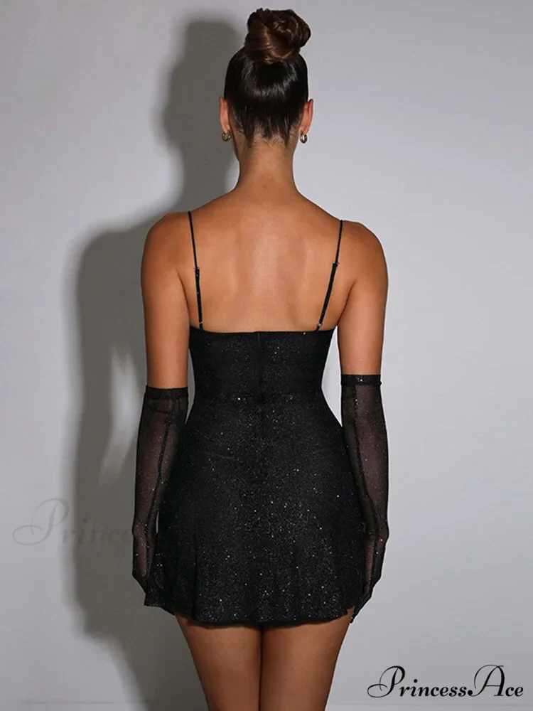 Glitter Party Club Fashion Outfits Spaghetti Strap Sexy Slit Dress - Image 2