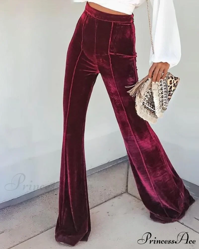 Casual Velvet High Waist Flared Pants - Image 2