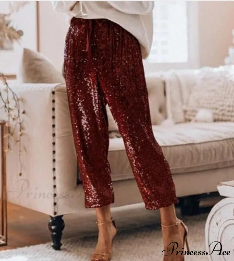 Sequin Shiny Wide Beam Leg Pants - Image 2