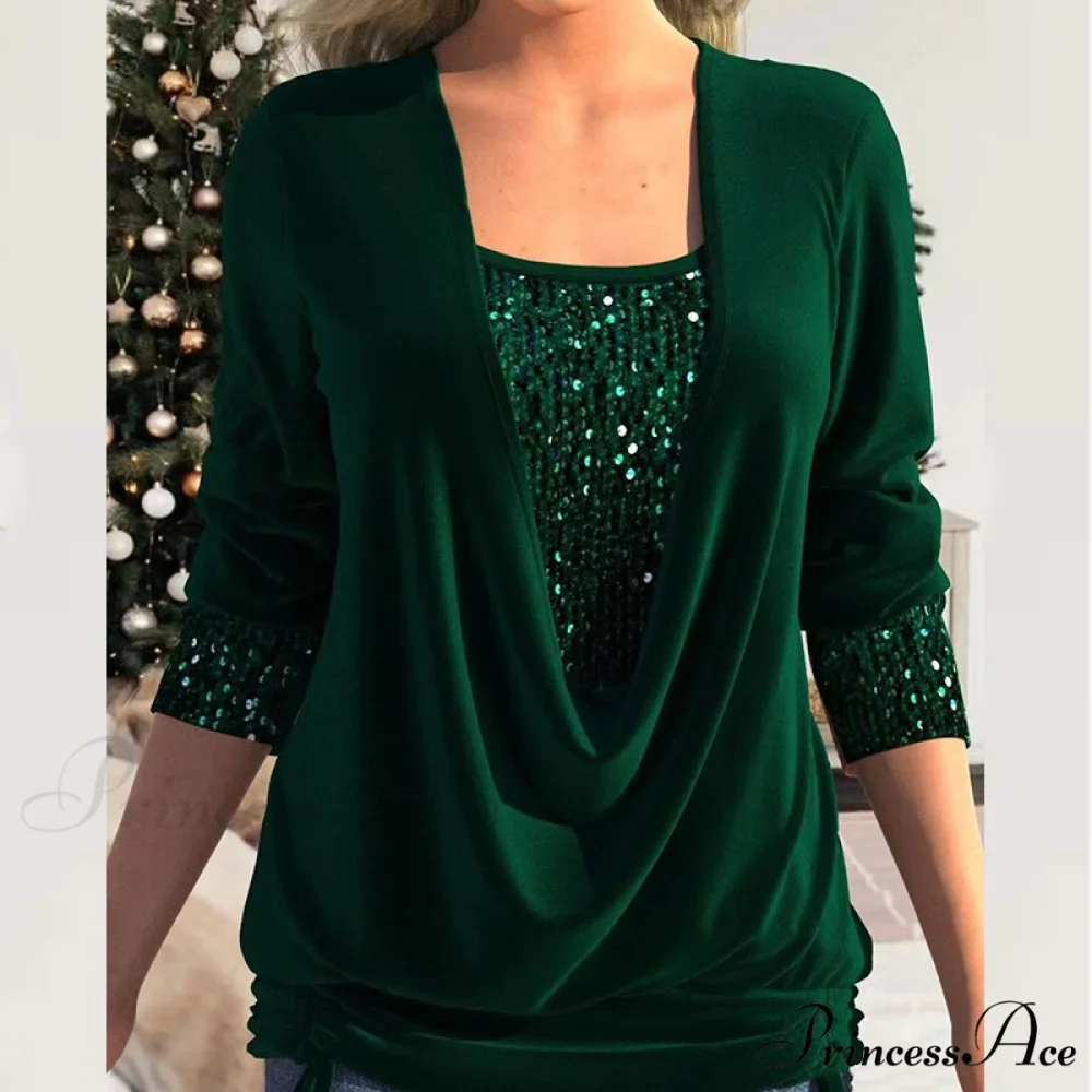 V Neck Sequins Stitching Solid Drawstring Pullover - Image 9