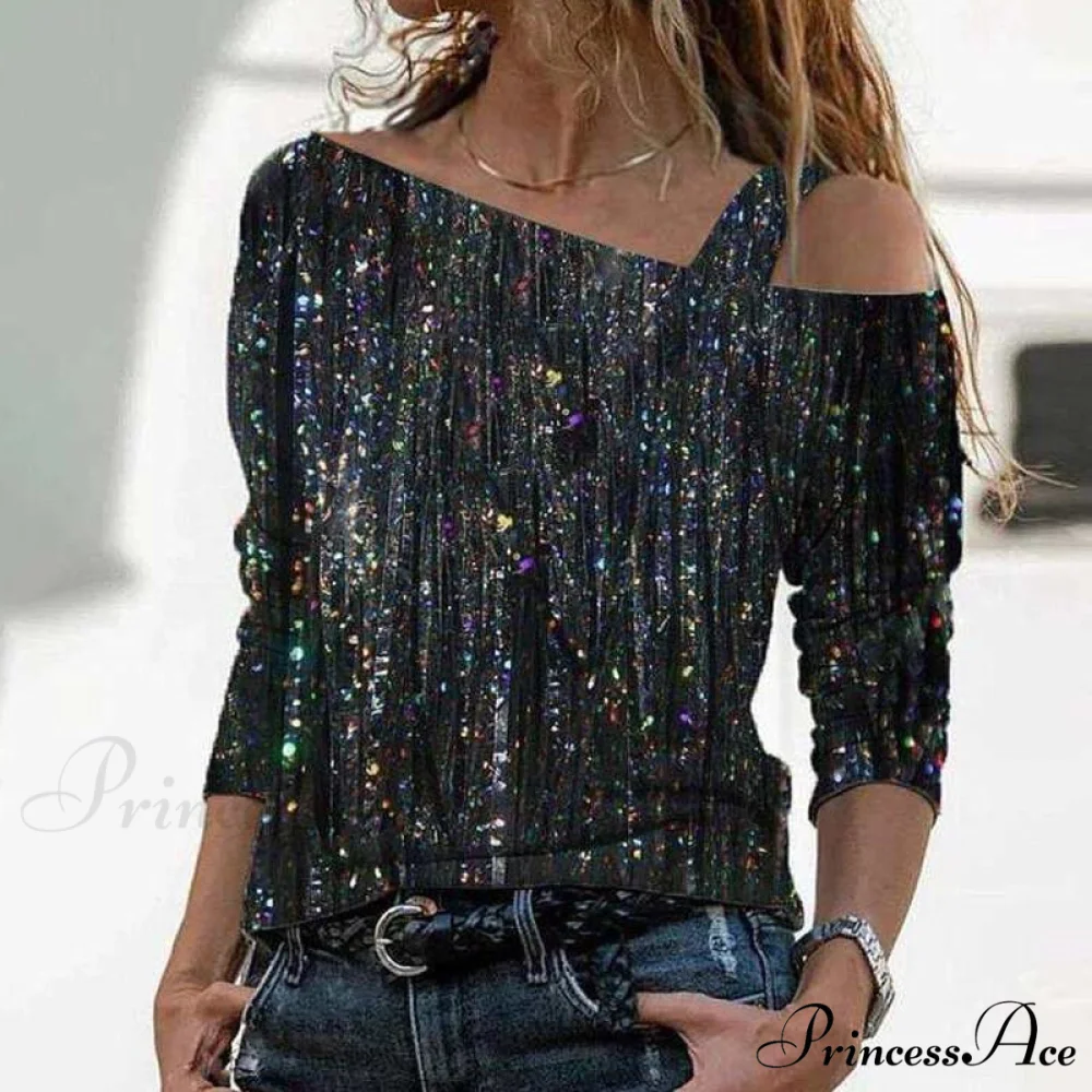 Retro Glitter Gold Contrast Casual Long Sleeve Straps Pullover - Image 9