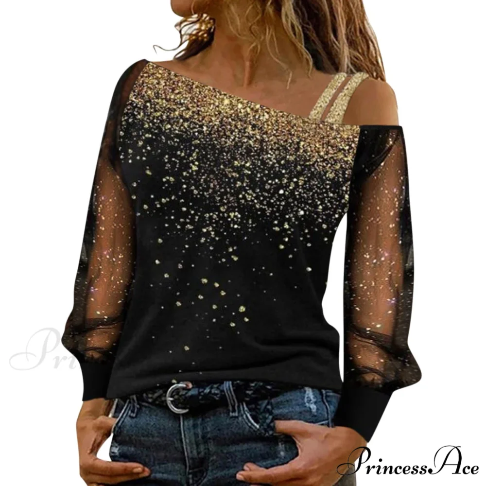 Long Sleeve Sequin Cold Shoulder Bling Mesh Sheer Blouse - Image 6