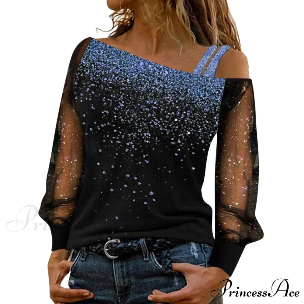 Long Sleeve Sequin Cold Shoulder Bling Mesh Sheer Blouse - Image 9