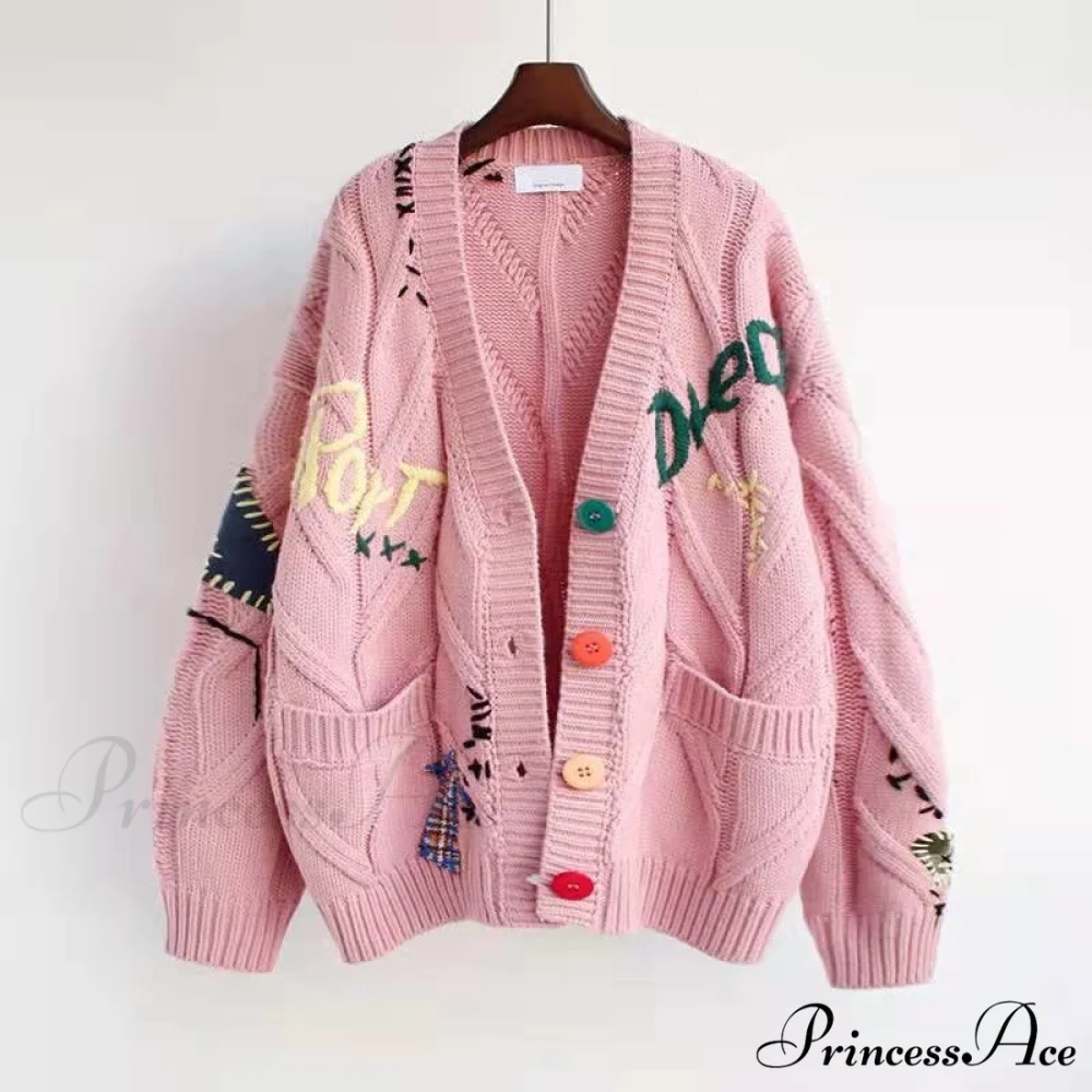 Jacket Loose Pocket Embroidery Fashion Knit Cardigan - Image 2