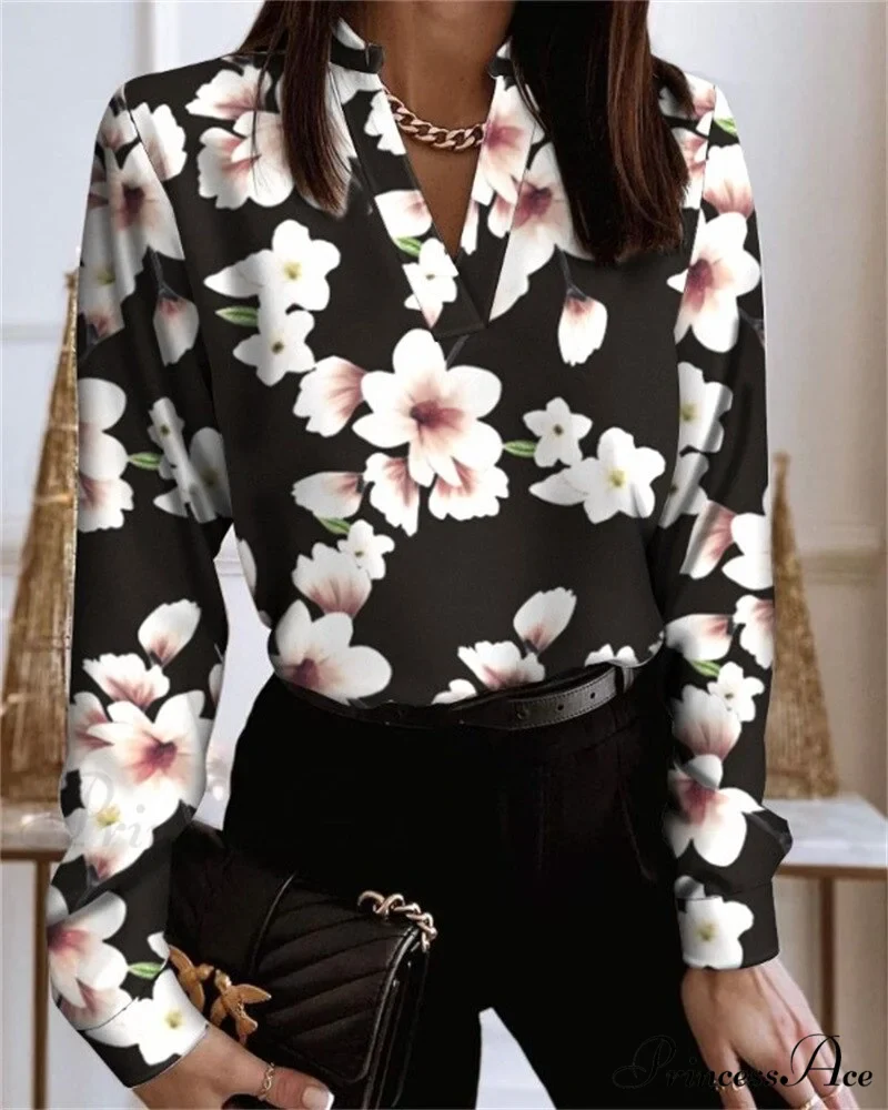 Office Lady Chain Printed Pullover Blouse - Image 14