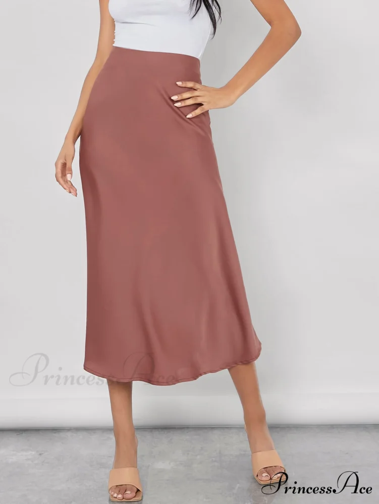 Solid High Waist Satin Skirt Workwear - Image 8