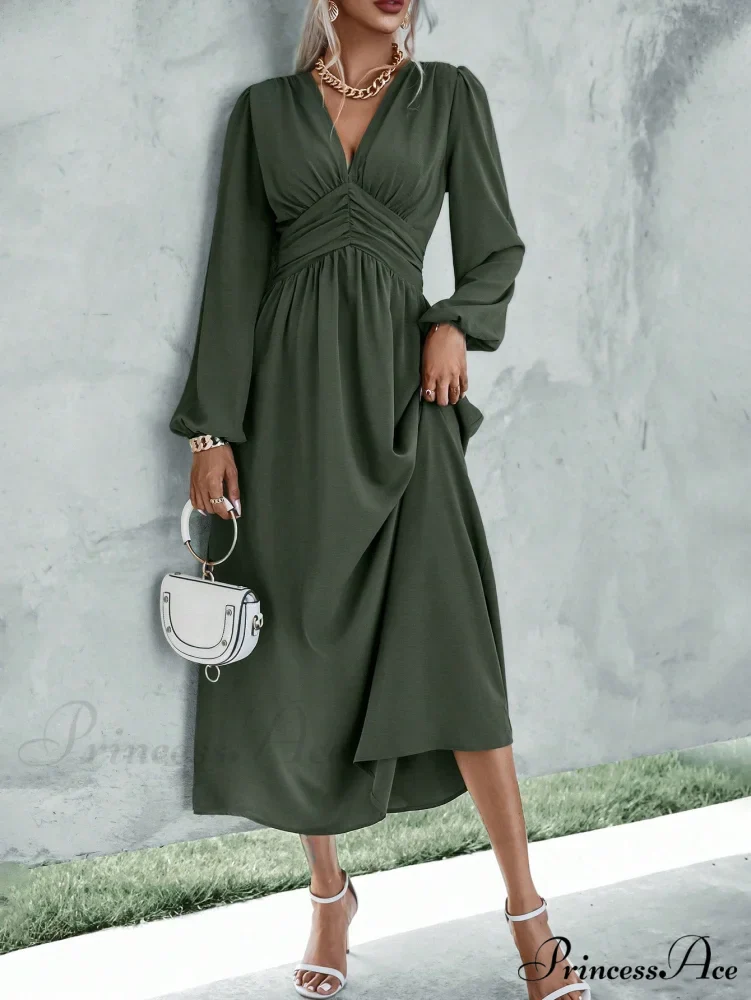Plunging Neck Lantern Sleeve Waist Split Thigh Dress