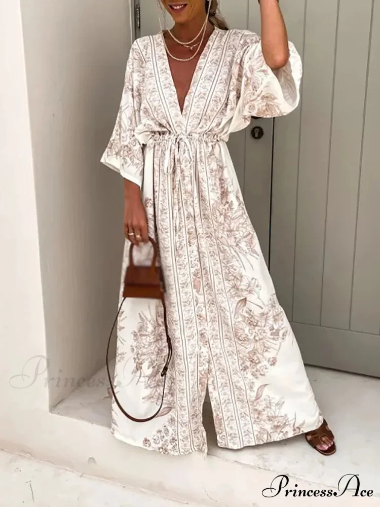 Deep V Neck Waist Drawstring Spring Pattern Vintage Boho Dress - Image 7