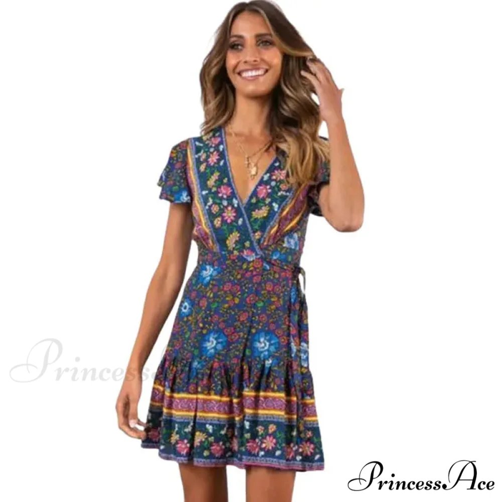 Summer Boho Floral Print Mini Wrap Beach Boho Dress - Image 2